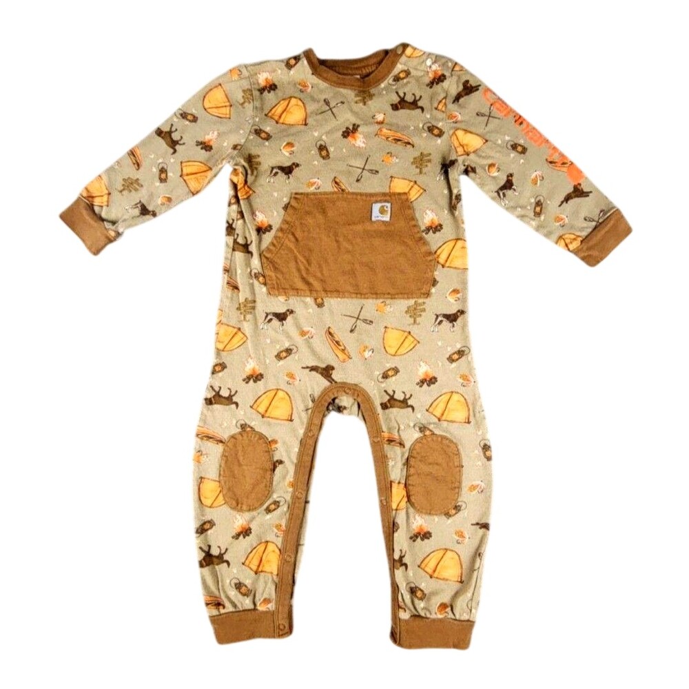 Carhartt Coverall Boys 24M Beige Camping One Piece Snap Legs Pocket SD8936-B